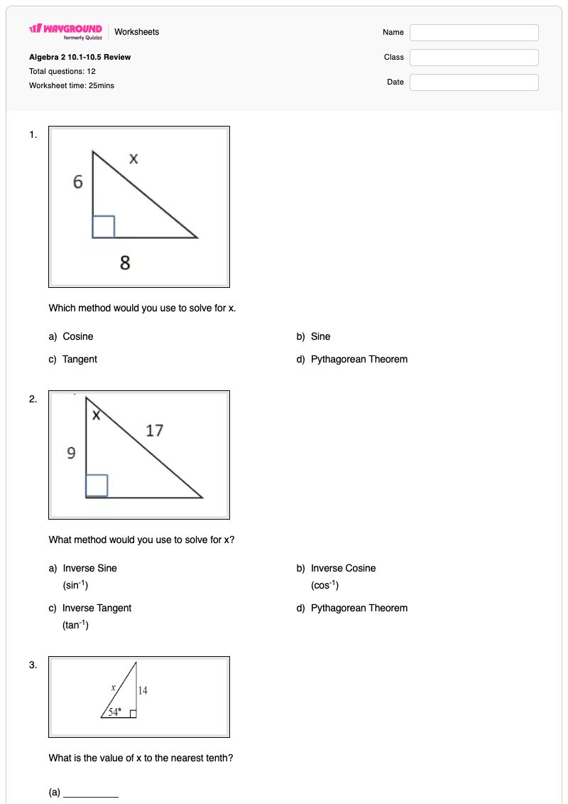 Algebra 2 10.1-10.5 Review - Printable Algebra-2 Worksheets - Wayground