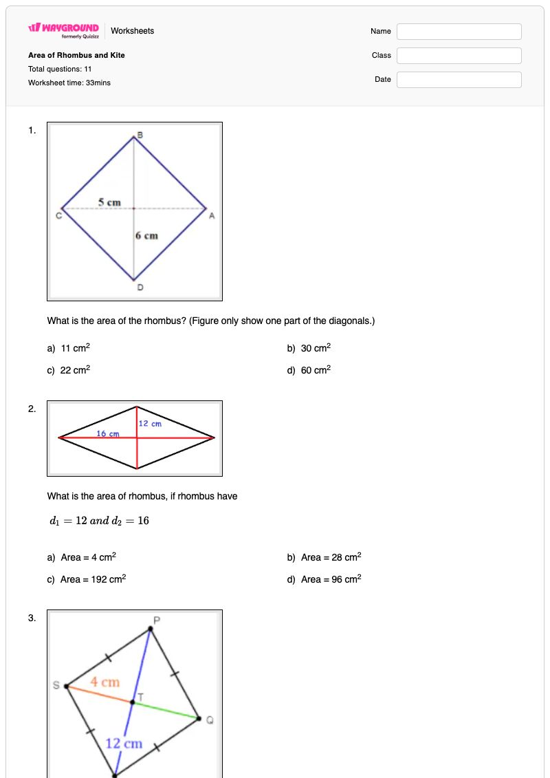 Area of Rhombus and Kite - Printable Area-of-a-kite Worksheets - Wayground