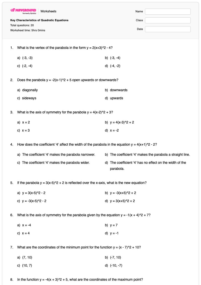 Key Characteristics of Quadratic Equations - Printable Quadratic Worksheets - Wayground