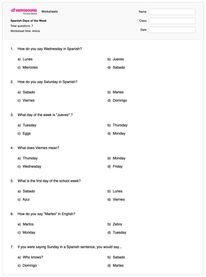 Spanish Days of the Week - Printable Days-of-the-week Worksheets - Wayground