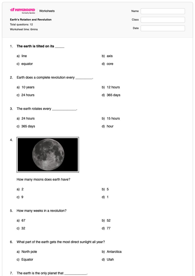 Earth's Rotation and Revolution - พิมพ์ได้ Rotation-and-revolution เวิร์กชีท ระดับ 6 - Wayground