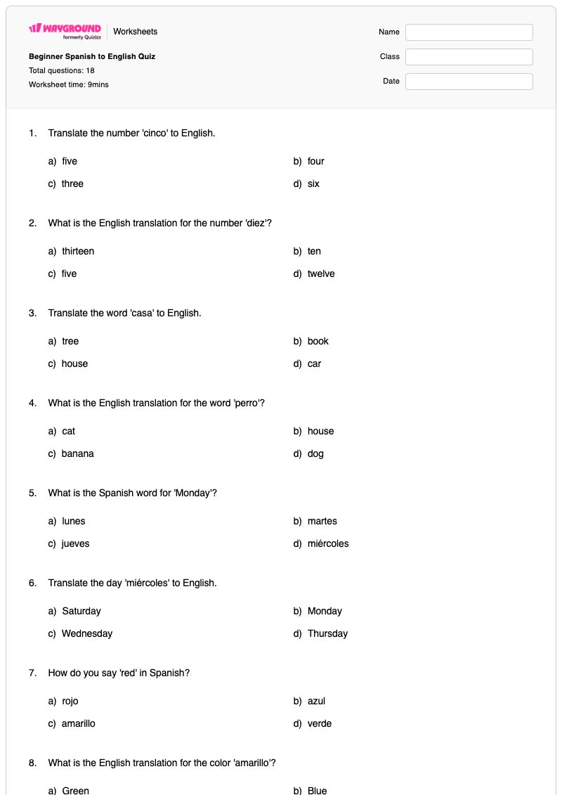 Beginner Spanish to English Quiz - พิมพ์ได้ ภาษาอังกฤษสำหรับผู้เริ่มต้น เวิร์กชีท - Wayground