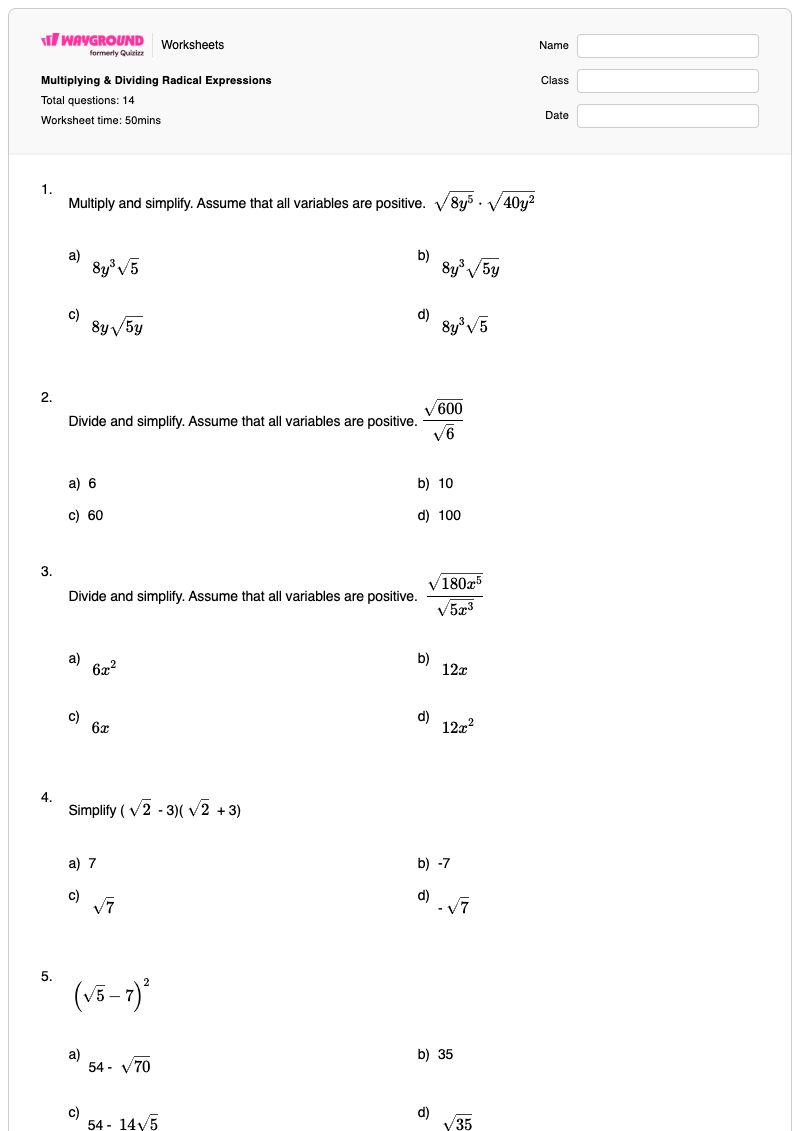 Multiplying & Dividing Radical Expressions - พิมพ์ได้ Dividing-radicals เวิร์กชีท - Wayground