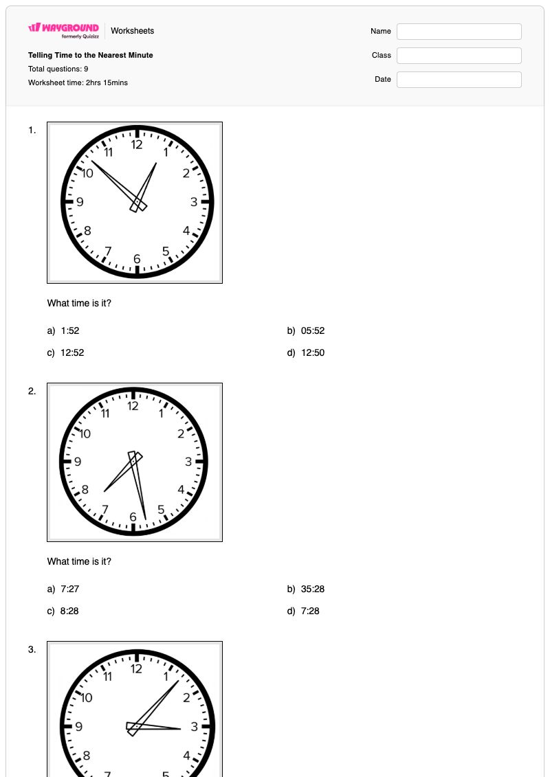 Telling Time to the Nearest Minute - Printable Time-to-the-minute Worksheets - Wayground