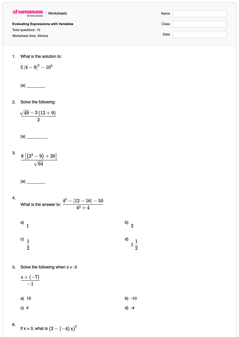 Evaluating Expressions with Variables - พิมพ์ได้ การประเมินนิพจน์ เวิร์กชีท - Wayground