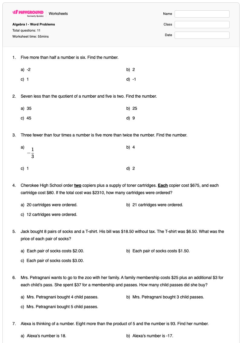 Algebra I - Word Problems - Printable Algebra Worksheets - Wayground