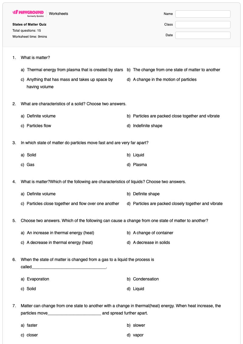 States of Matter Quiz - Printable States-of-matter Worksheets Class 6 - Wayground