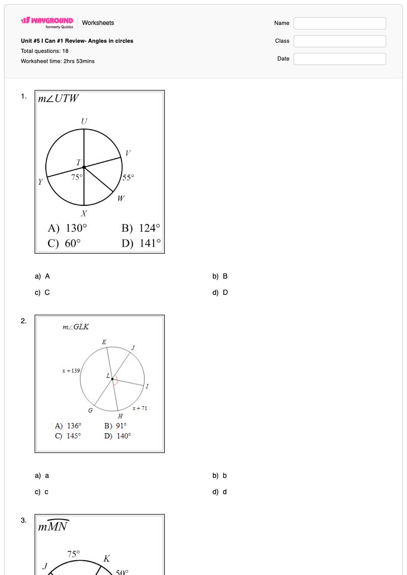 Unit #5 I Can #1 Review- Angles in circles - พิมพ์ได้ Arcs เวิร์กชีท ระดับ 8 - Wayground