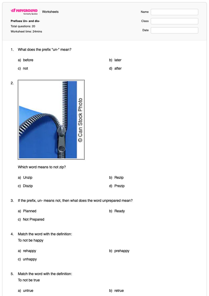 Prefixes Un- and dis- - Printable Prefix:-dis Worksheets Year 2 - Wayground