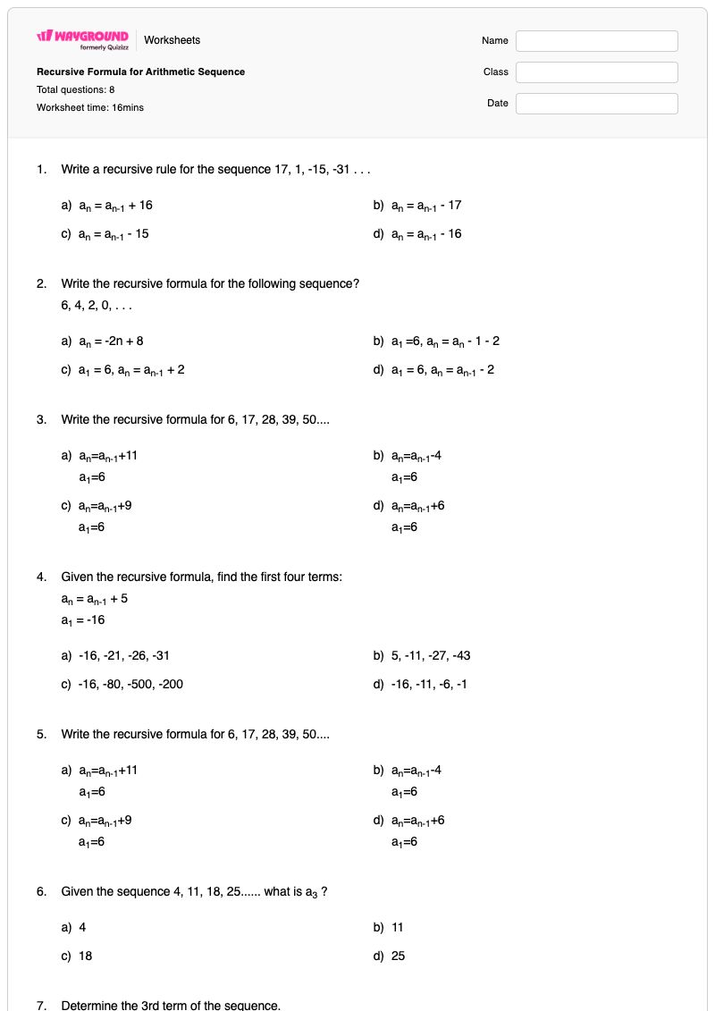 Recursive Formula for Arithmetic Sequence - พิมพ์ได้ สูตรแบบเรียกซ้ำ เวิร์กชีท - Wayground