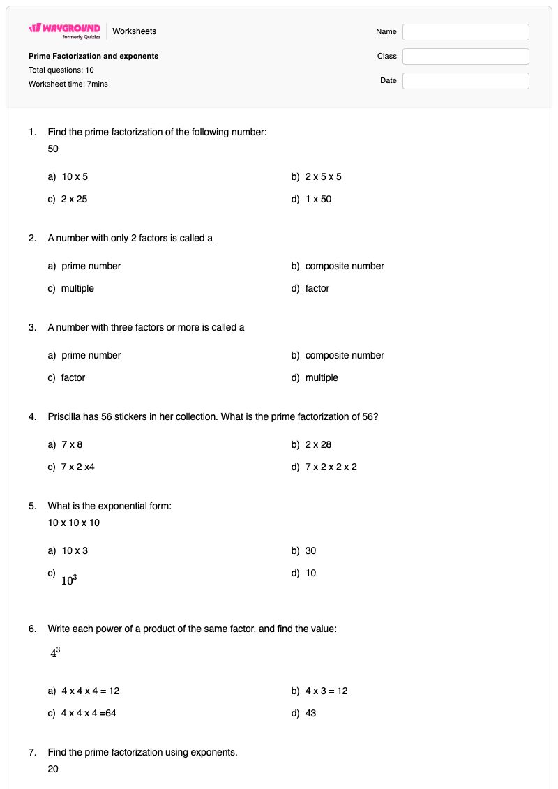 Prime Factorization and exponents - พิมพ์ได้ การแยกตัวประกอบเฉพาะ เวิร์กชีท - Wayground