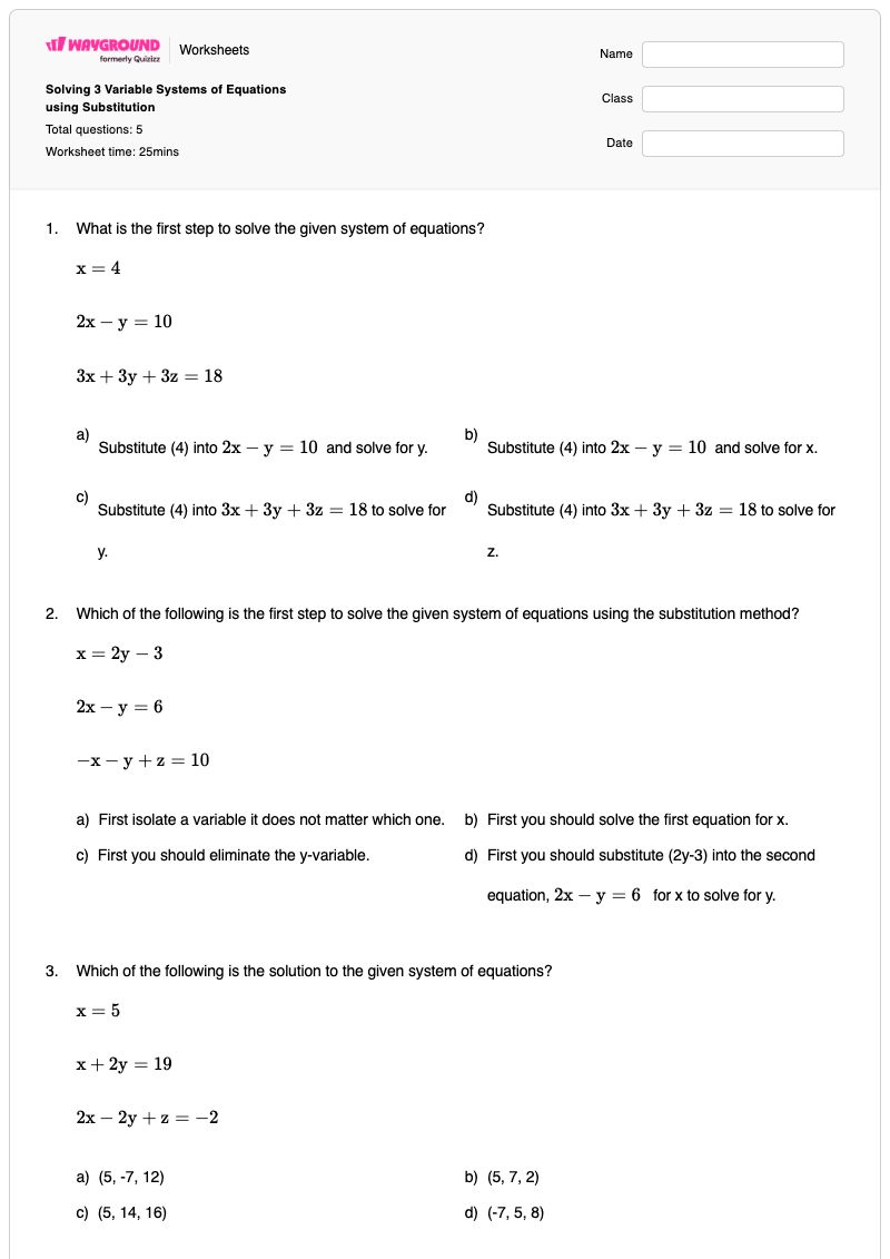 Solving 3 Variable Systems of Equations using Substitution - Printable Systems-of-equations Worksheets - Wayground