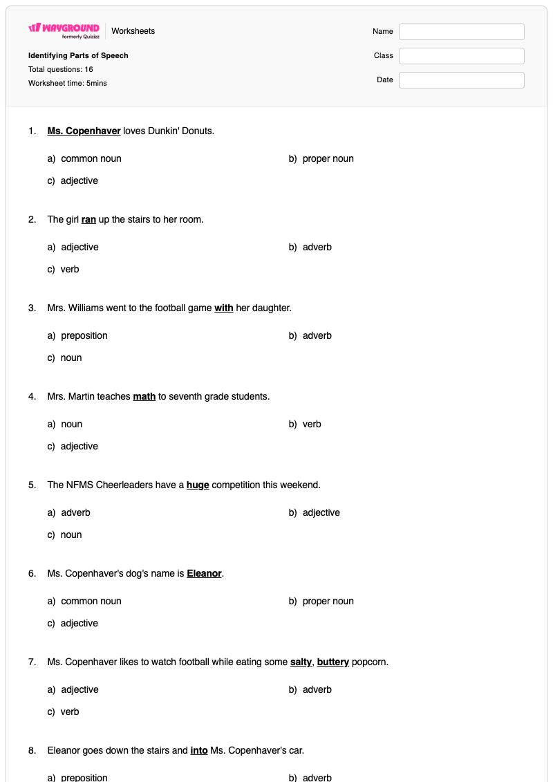 Identifying Parts of Speech - พิมพ์ได้ ส่วนประกอบของคำพูด เวิร์กชีท - Wayground