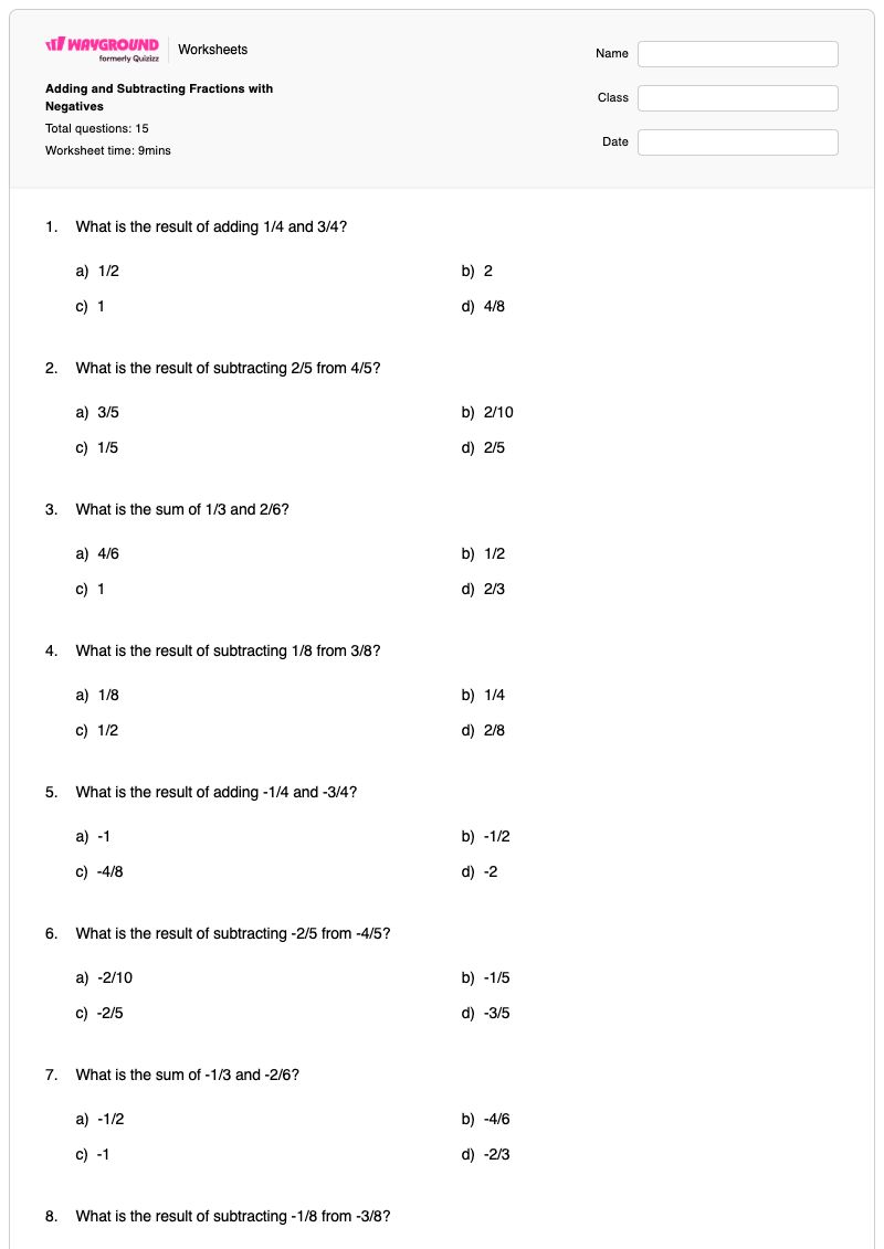 Adding and Subtracting Fractions with Negatives - Printable Adding-and-subtracting-fractions Worksheets Class 8 - Wayground