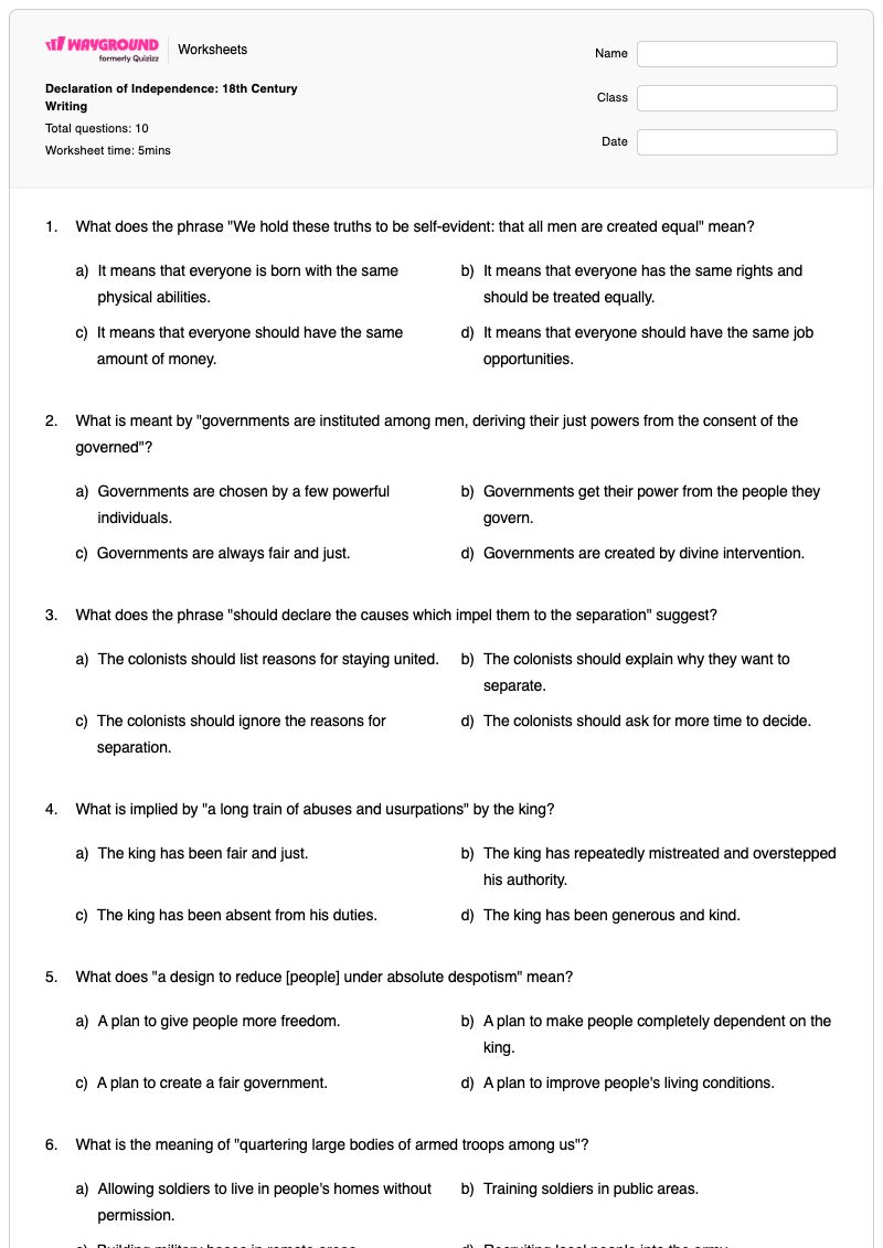Declaration of Independence: 18th Century Writing - Printable Declaration-of-independence Worksheets - Wayground