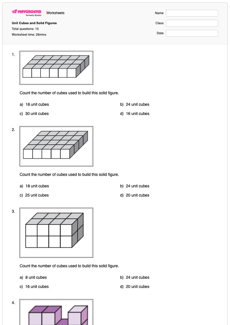 Unit Cubes and Solid Figures - พิมพ์ได้ รูปทรงตัน เวิร์กชีท ระดับ 4 - Wayground