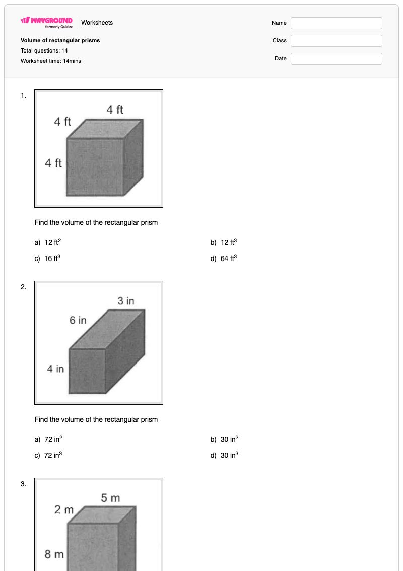 Volume of rectangular prisms - พิมพ์ได้ ปริซึมสี่เหลี่ยมผืนผ้า เวิร์กชีท ระดับ 7 - Wayground