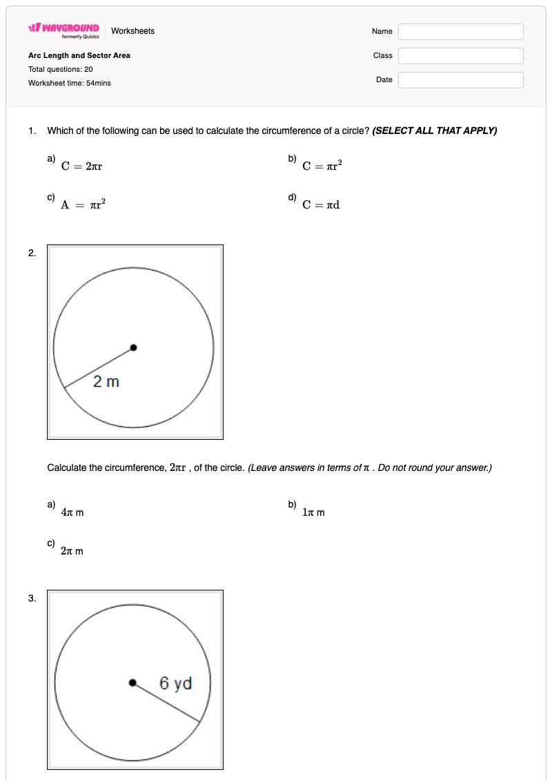 Arc Length and Sector Area - Printable Arc-lengths-and-sectors Worksheets - Wayground