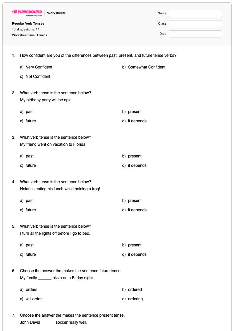 Regular Verb Tenses - พิมพ์ได้ กาลของกริยา เวิร์กชีท ระดับ 3 - Wayground