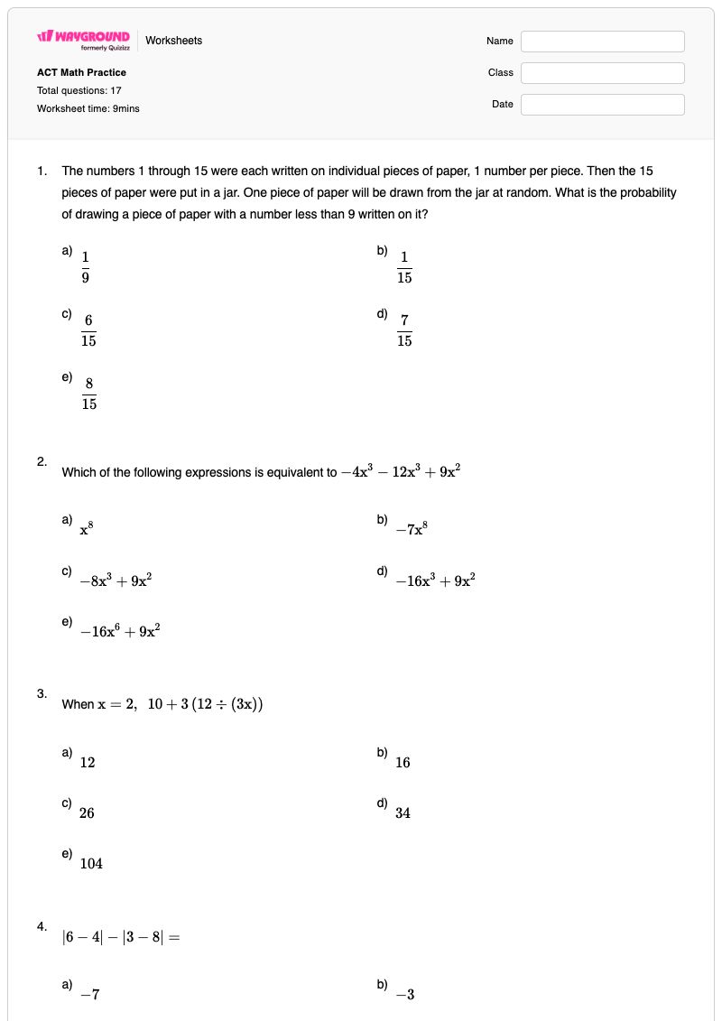 ACT Math Practice  - Printable Science Worksheets - Wayground