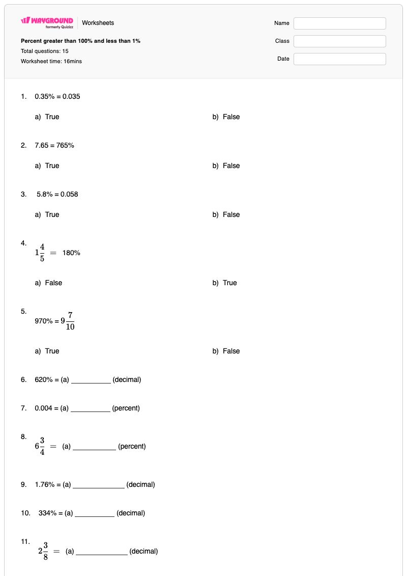 Percent greater than 100% and less than 1% - Printable Percentages-greater-than-100 Worksheets Grade 6 - Wayground