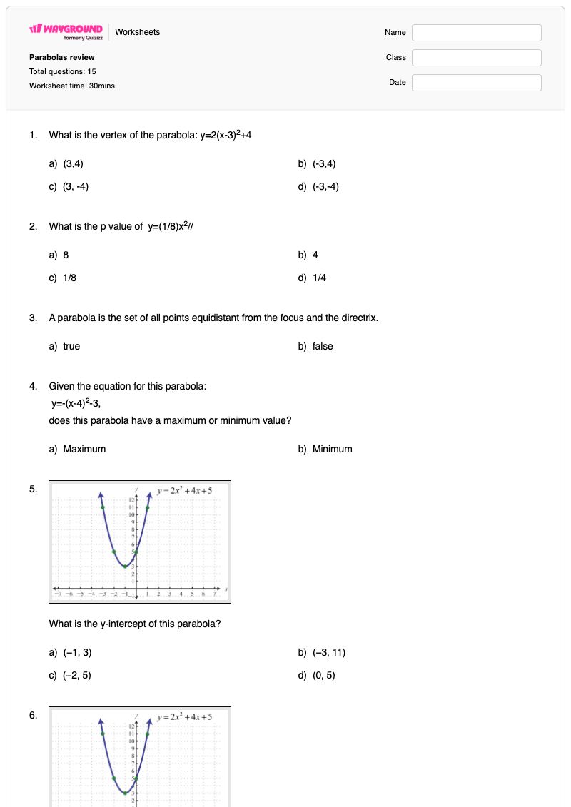 Parabolas review - Printable Characteristics-of-parabolas Worksheets Class 11 - Wayground
