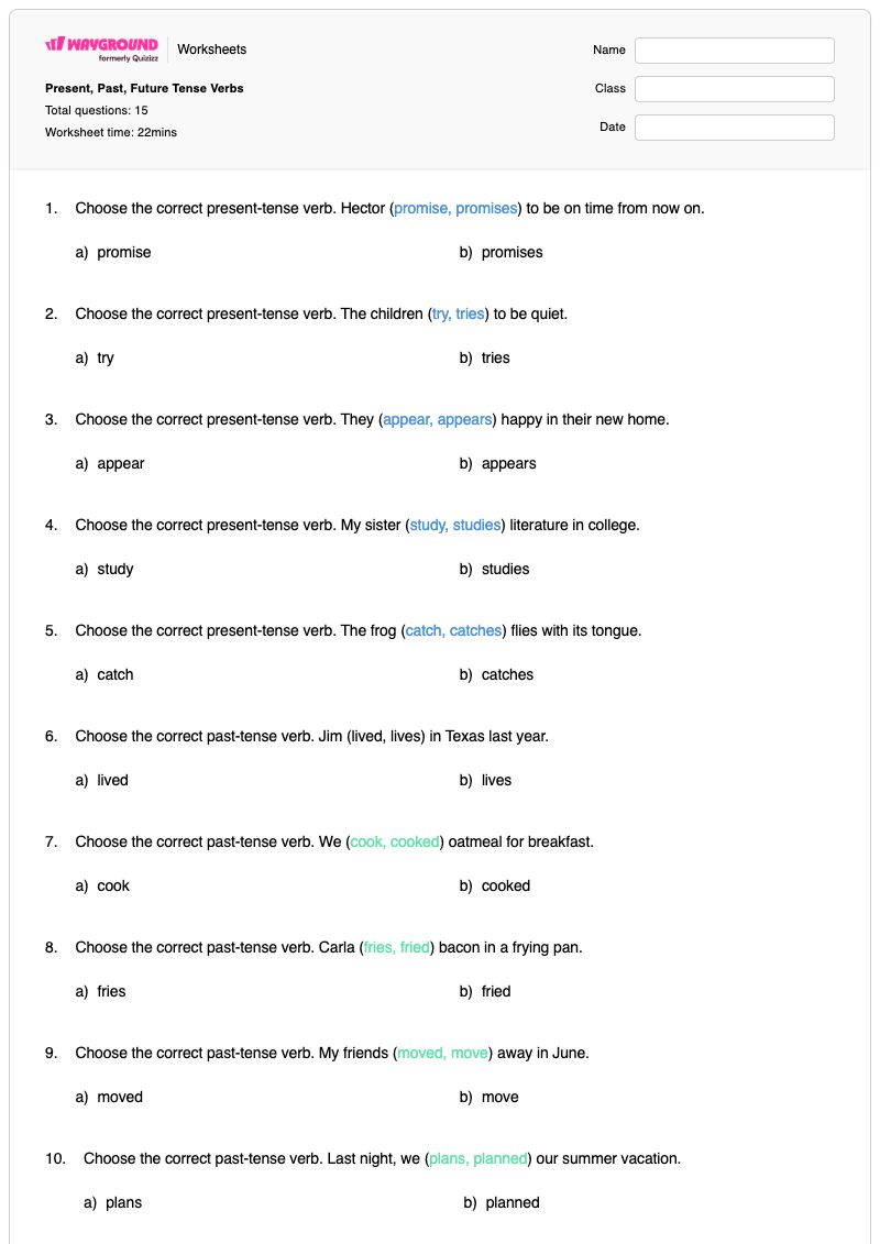 Present, Past, Future Tense Verbs - พิมพ์ได้ คำกริยาในอนาคต เวิร์กชีท - Wayground