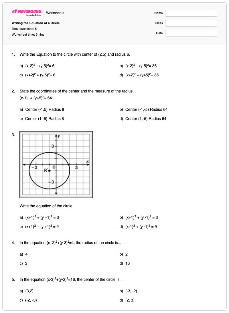 Writing the Equation of a Circle - Printable Equation-of-a-circle Worksheets - Wayground