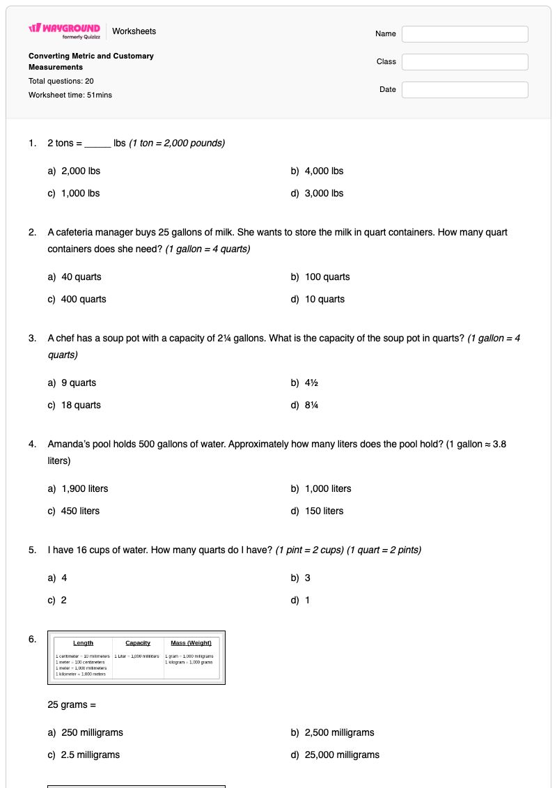 Converting Metric and Customary Measurements - พิมพ์ได้ การแปลงหน่วยวัดแบบดั้งเดิม เวิร์กชีท - Wayground