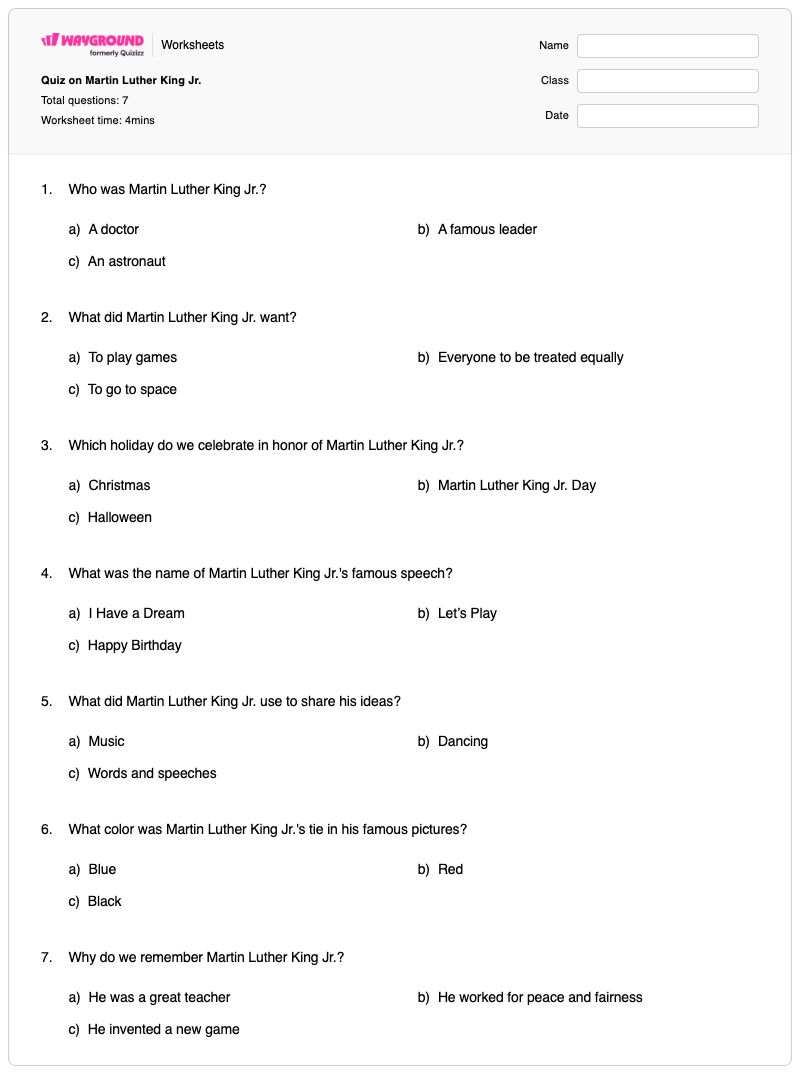 Quiz on Martin Luther King Jr. - Printable Halloween Worksheets Year 1 - Wayground