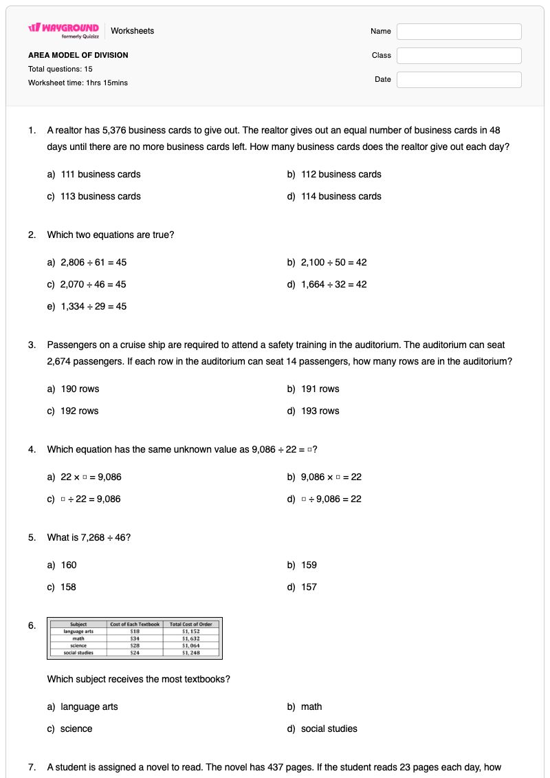 AREA MODEL OF DIVISION - Printable Division Worksheets - Wayground
