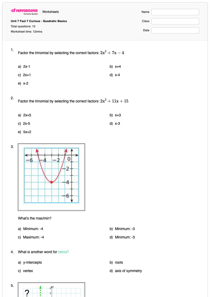 Unit 7 Fast 7 Curious - Quadratic Basics - พิมพ์ได้ Step-graphs เวิร์กชีท - Wayground
