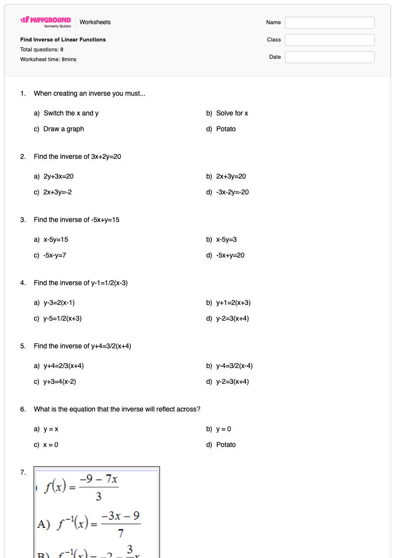 Find Inverse of Linear Functions - Free Printable Worksheet | Wayground