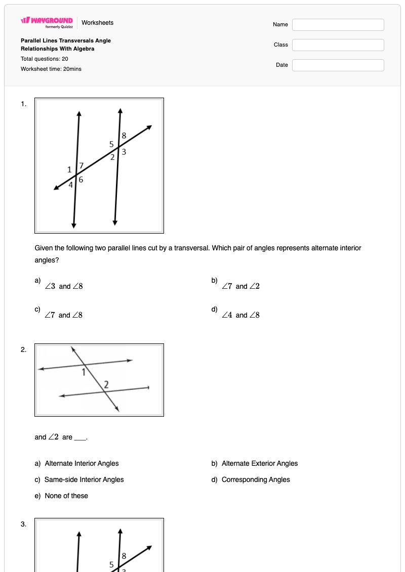 Parallel Lines Transversals Angle Relationships With Algebra - พิมพ์ได้ ความสัมพันธ์เชิงมุม เวิร์กชีท - Wayground