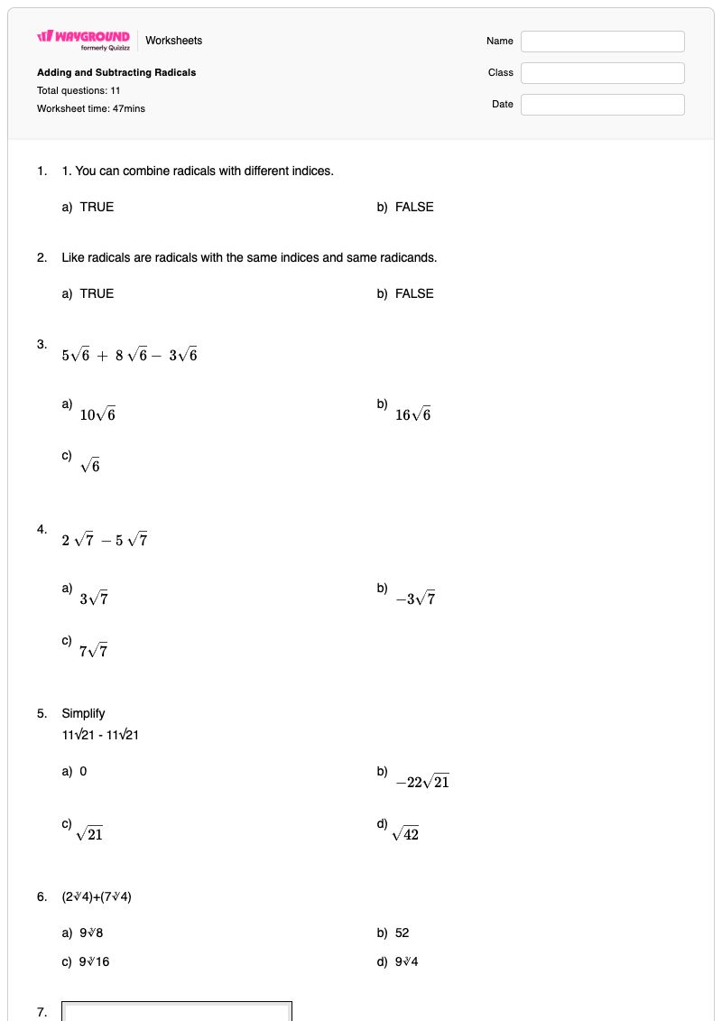 Adding and Subtracting Radicals - Printable Operations-with-radicals Worksheets Grade 11 - Wayground