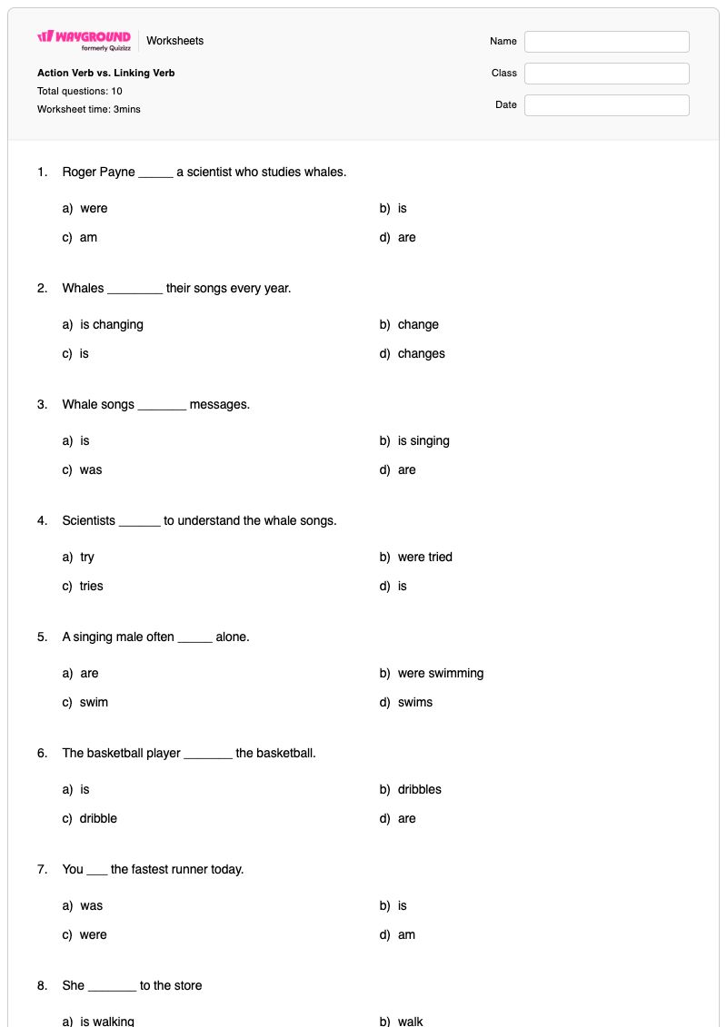 Action Verb vs. Linking Verb - พิมพ์ได้ คำกริยาแสดงการกระทำ เวิร์กชีท - Wayground