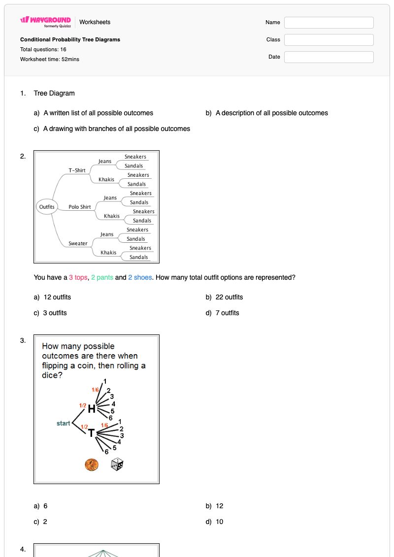 Conditional Probability Tree Diagrams - Printable Tree-diagrams Worksheets Year 8 - Wayground