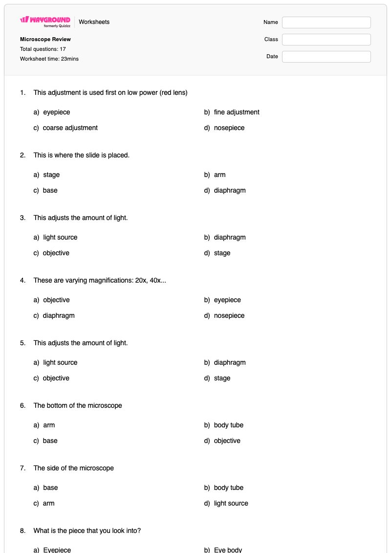 Microscope Review - พิมพ์ได้ ชิ้นส่วนกล้องจุลทรรศน์ เวิร์กชีท - Wayground