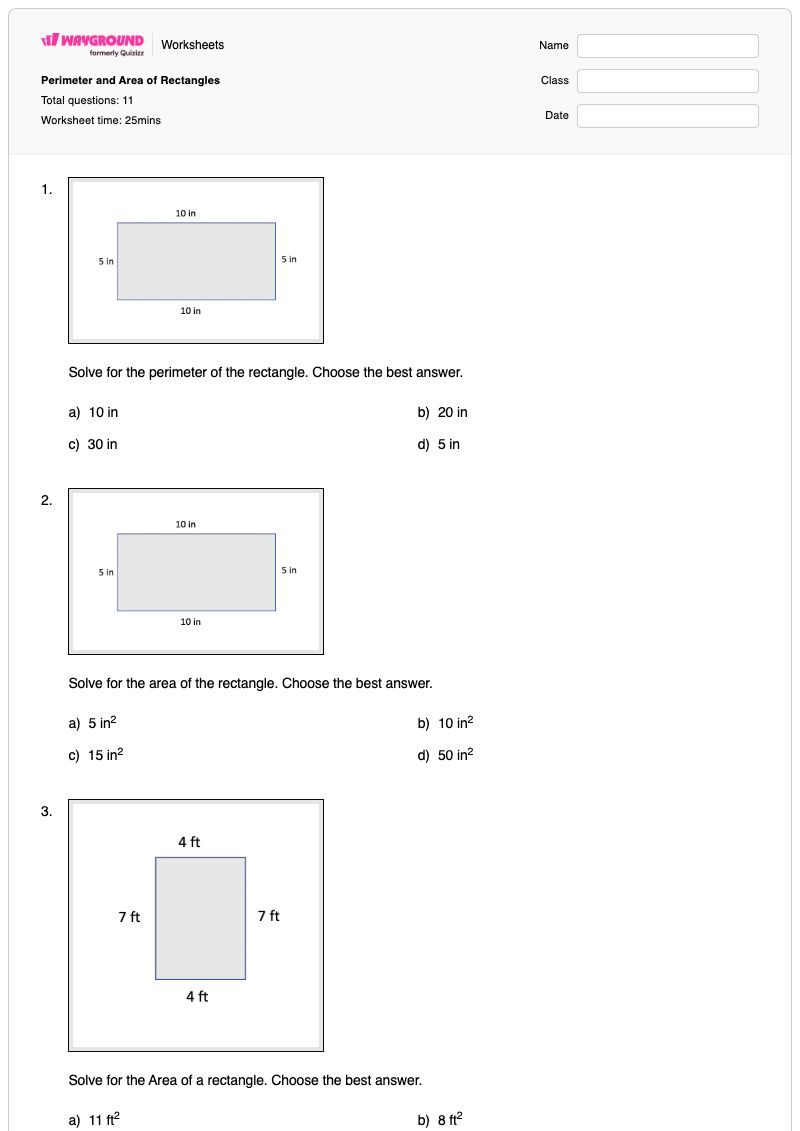 Perimeter and Area of Rectangles - Printable Area-of-a-rectangle Worksheets - Wayground