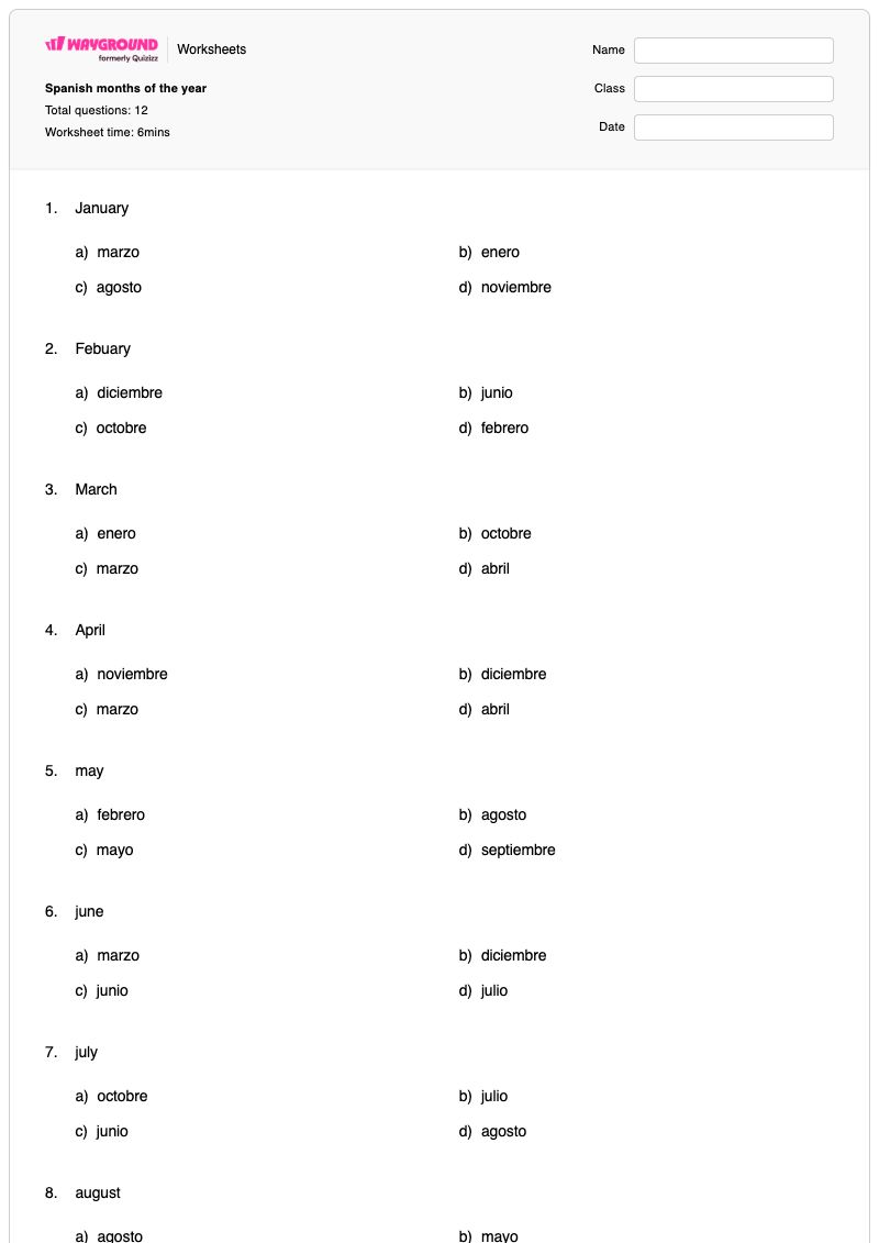 Spanish months of the year - Printable Months-of-the-year Worksheets - Wayground