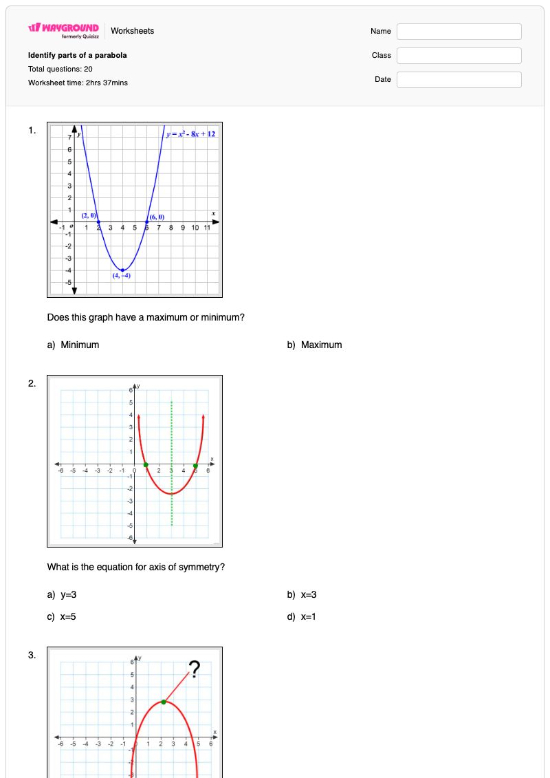 Identify parts of a parabola - Printable Parts-of-a-parabola Worksheets Year 9 - Wayground