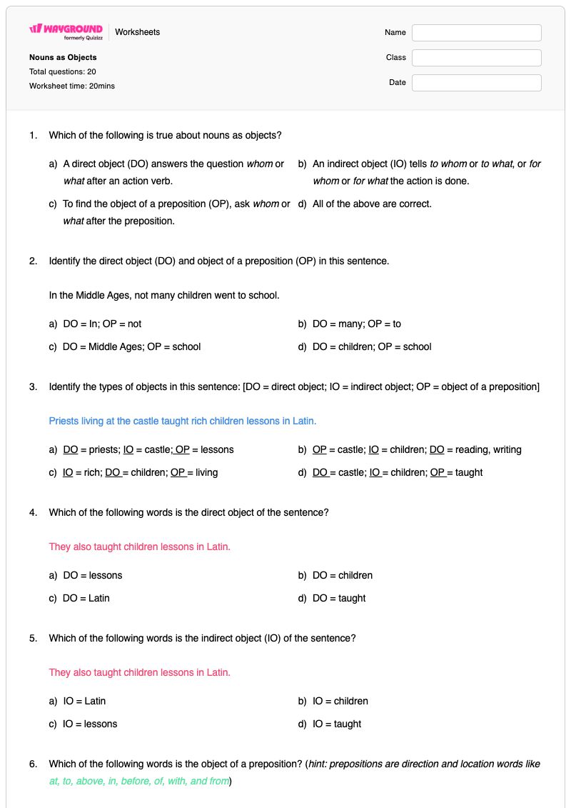 Nouns as Objects - Printable Sentence-diagramming Worksheets Class 6 - Wayground