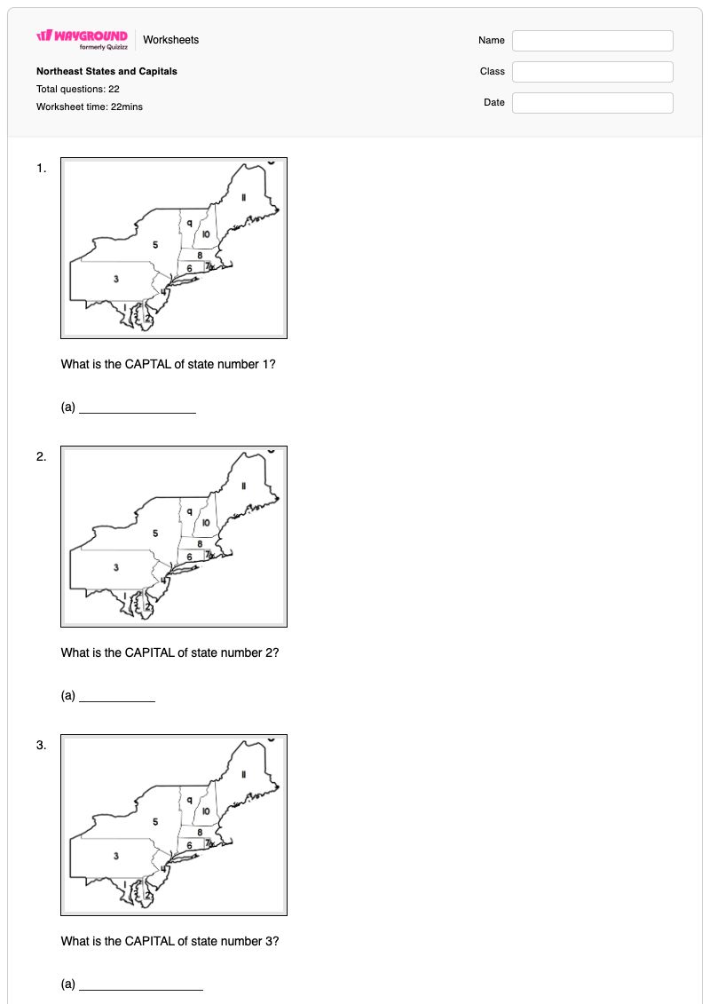 Northeast States and Capitals - Printable States-and-capitals Worksheets - Wayground