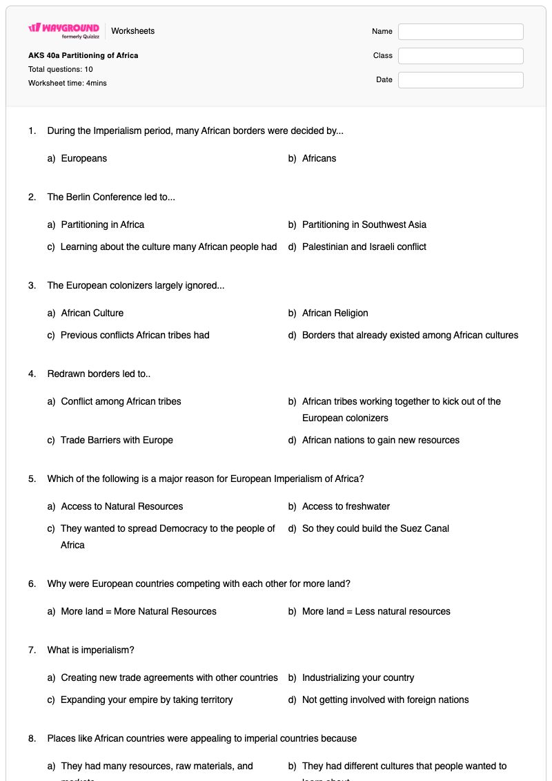 AKS 40a Partitioning of Africa - Printable Scramble-for-africa Worksheets Class 7 - Wayground