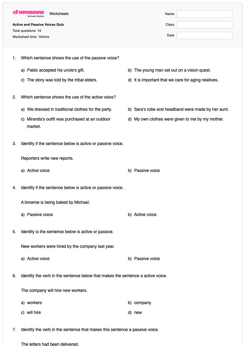 Active and Passive Voices Quiz - Printable Active-and-passive-voice Worksheets Grade 6 - Wayground