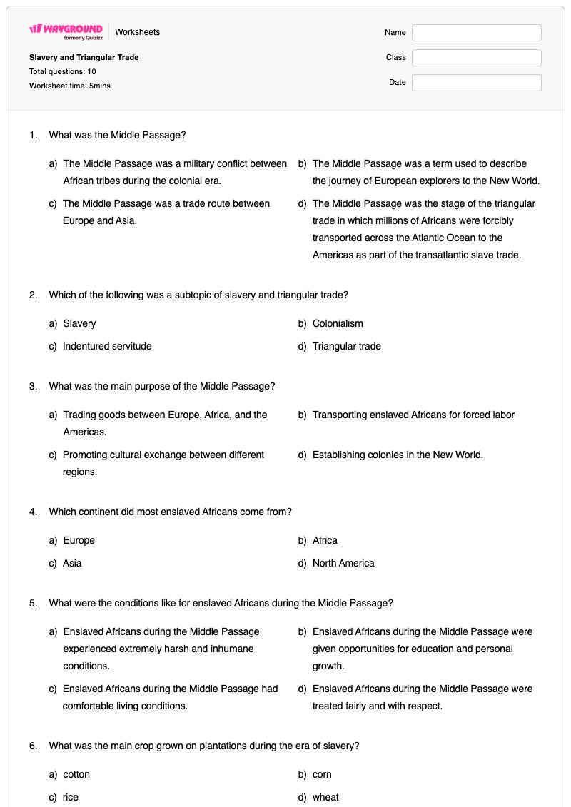Slavery and Triangular Trade - พิมพ์ได้ การค้าสามเหลี่ยม เวิร์กชีท ระดับ 6 - Wayground
