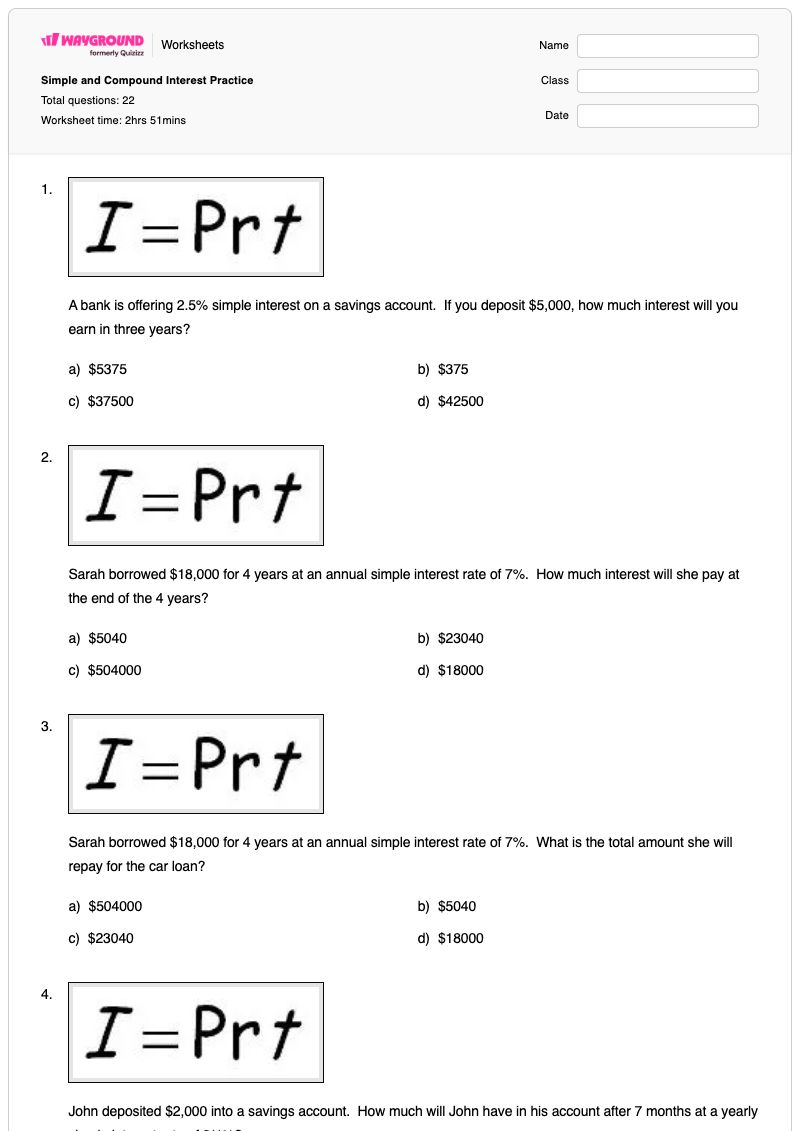 Simple and Compound Interest Practice - พิมพ์ได้ ดอกเบี้ยแบบง่าย เวิร์กชีท - Wayground