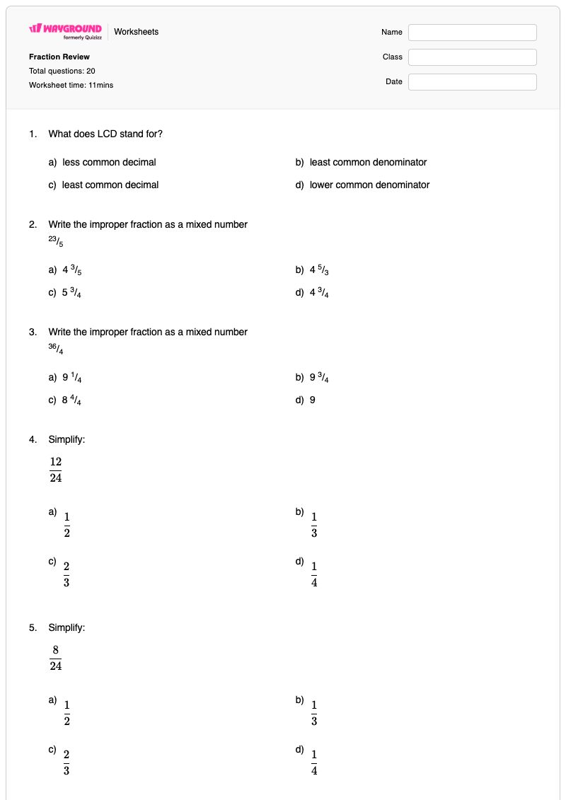 Fraction Review - Printable Mixed-number-to-improper-fraction-conversion Worksheets Class 5 - Wayground