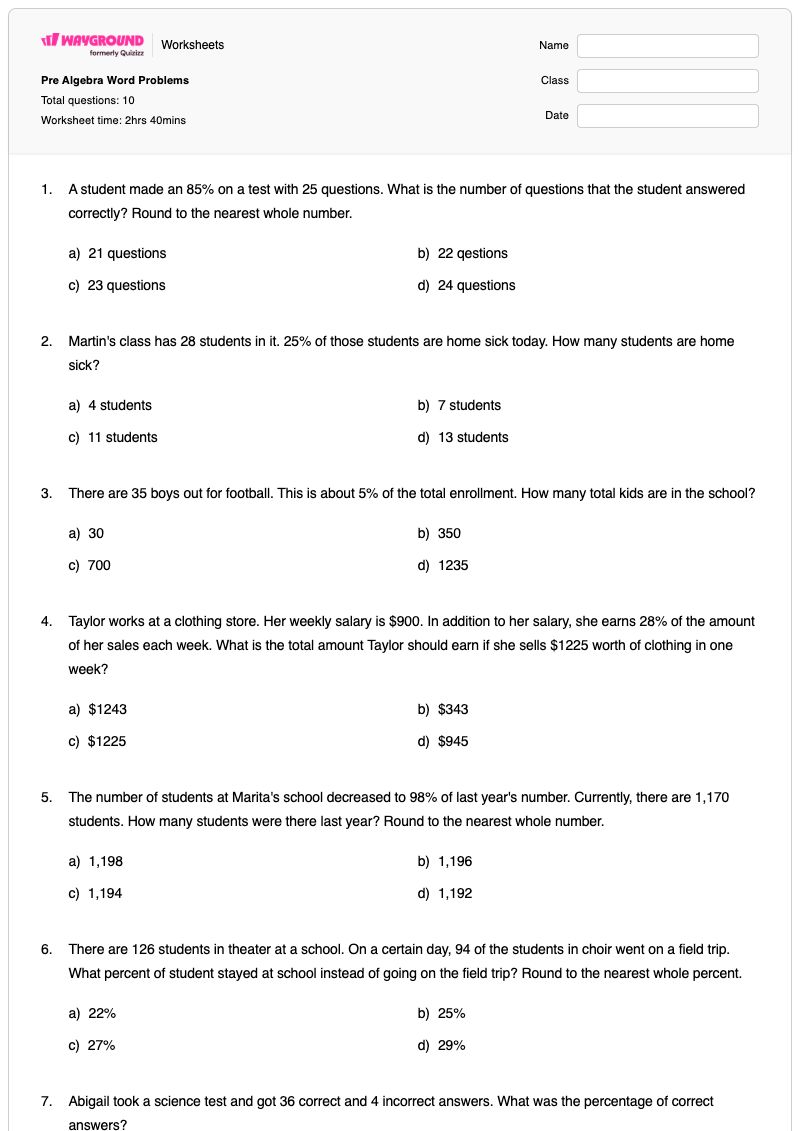 Pre Algebra Word Problems - Nadający się do druku Prealgebra Karty-pracy - Wayground