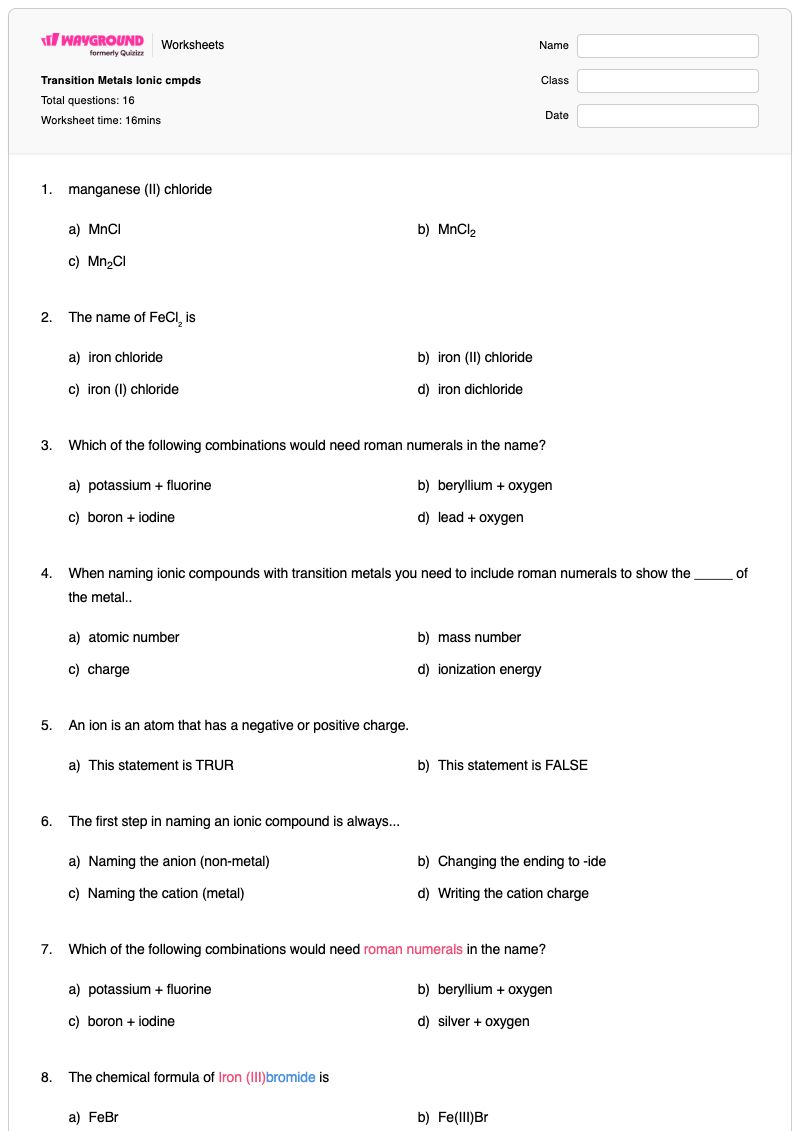 Transition Metals Ionic cmpds - พิมพ์ได้ การตั้งชื่อสารประกอบไอออนิก เวิร์กชีท - Wayground